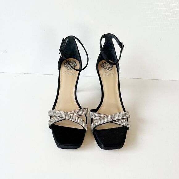 Vince Camuto Kalvira 2 Platform Heels Silver Rhinestone Black Satin Size 8 NWOB - Picture 12 of 15